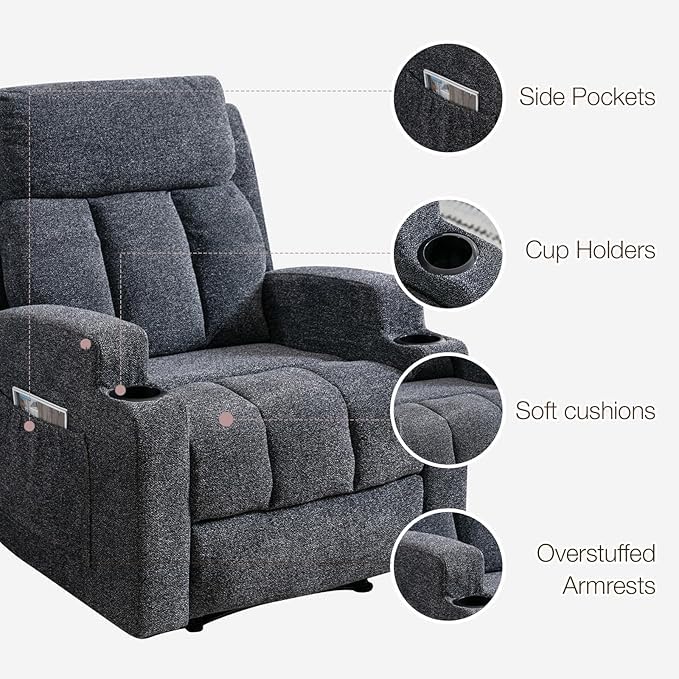 Phoenix Home Manual Recliner Chair with Massage and Heat Ergonomic Overstuffed Breathable Fabric Reclining Chair with 2 Side Pockets, 2 Cup Holders, Remote Control, Living Room, Bedroom, Gray