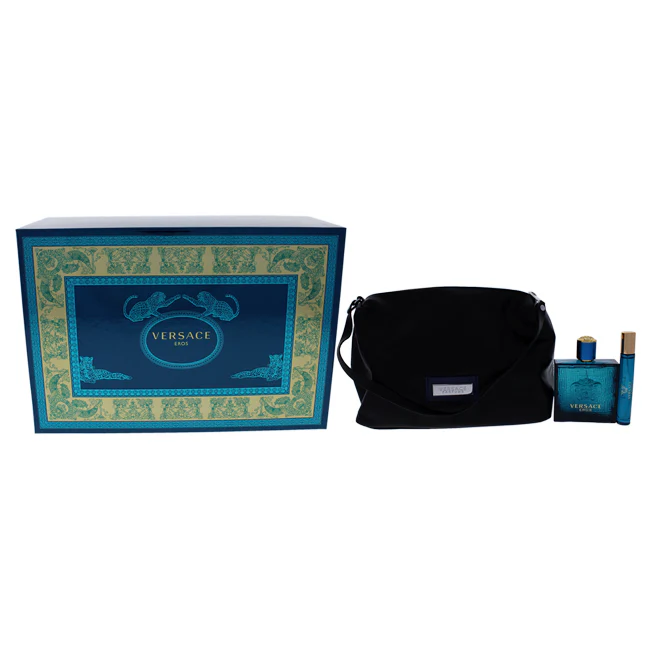 Versace Eros by Versace for Men - 3 Pc Gift Set 3.4oz EDT Spray, 10ml EDT Spray, Blue Trousse