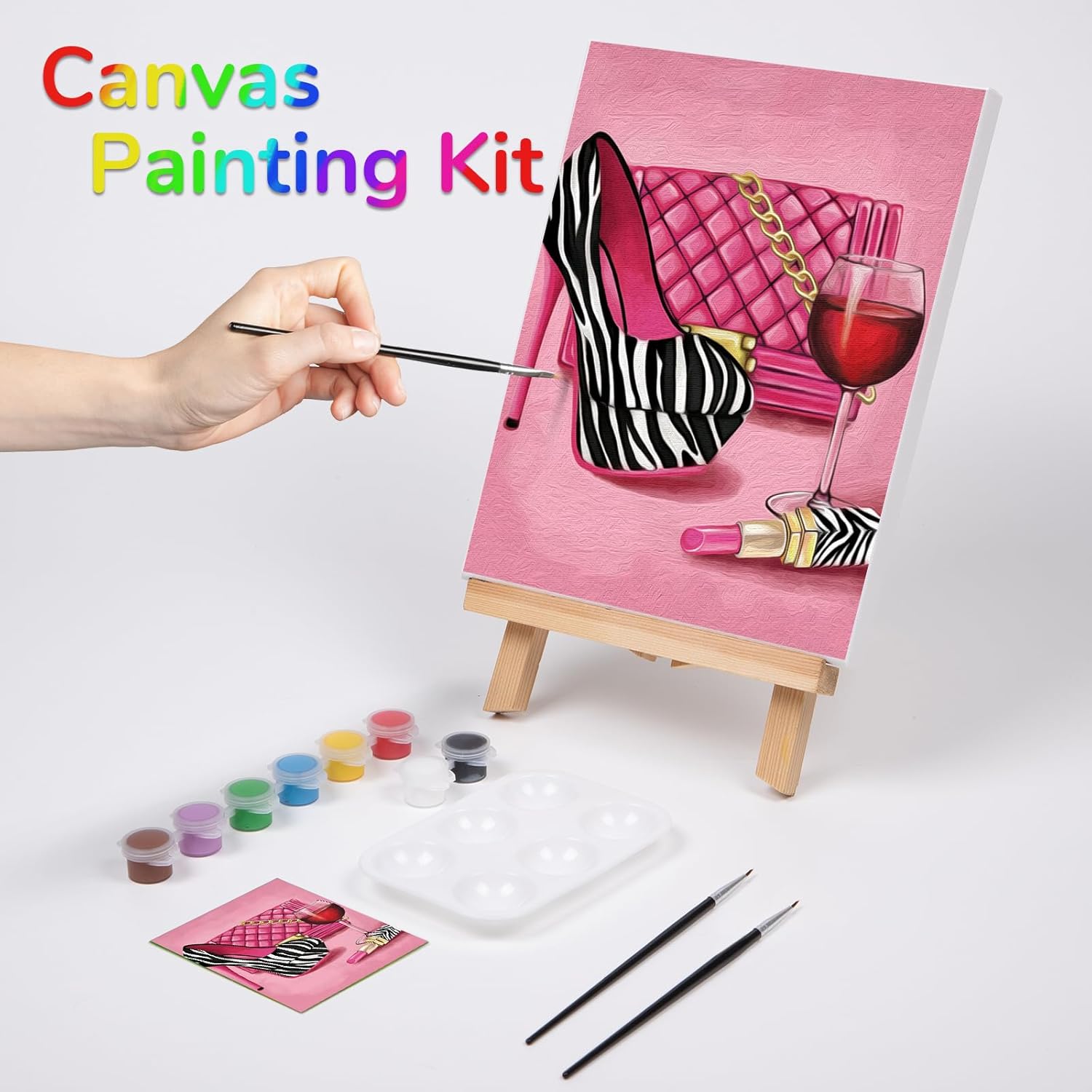 VOCHIC Paint and Sip Kit, Pre Drawn Canvas Painting Party Kit Supplies for Adults with Picture to Paint 1 Easel, 8 Acrylic Colors,3 Brush,1 Pallet Girl High Heel Glass Bag Lipstick Art Set(8x10)