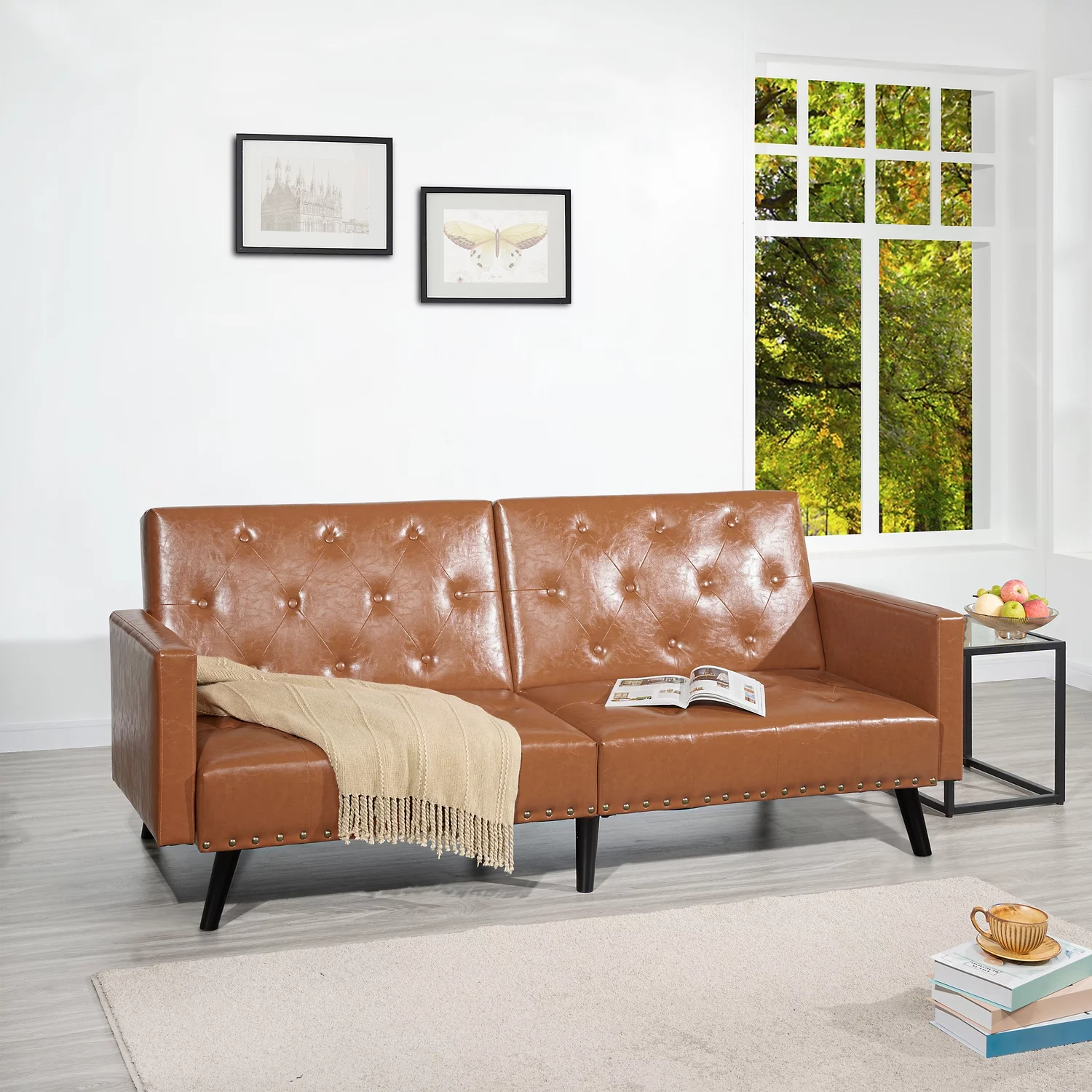 Naomi Home Convertible Tufted Split Back Futon Sofa-Color:Caramel,Fabric:Faux Leather