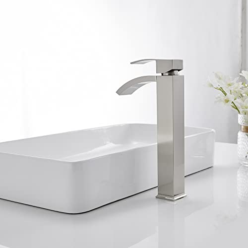 Brushed Nickel Vessel Sink Faucet, Waterfall Bathroom Faucets, Tall Spout Single Handle Single Hole Bathroom Faucets with Pop Up Drain and Without Overflow Basin Faucet Supply Line