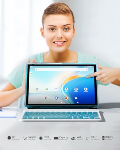 2 in 1 Tablet with Keyboard Case Mouse Stylus, 10 inch Tablet Android 12.0 Tablets PC 4GB RAM+32GB ROM 1TB Expandable Tableta Computer, 10.1 IPS Screen, 2+8MP Dual Camera, WiFi BT Google Play.