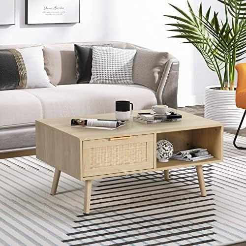 KHBIULIFE Rectangle Small Coffee Table for Living Room  Mid Century Modern Rustic Coffee Tables with Rattan Drawer    Wood Central Table Tea Table  Apartment  Office