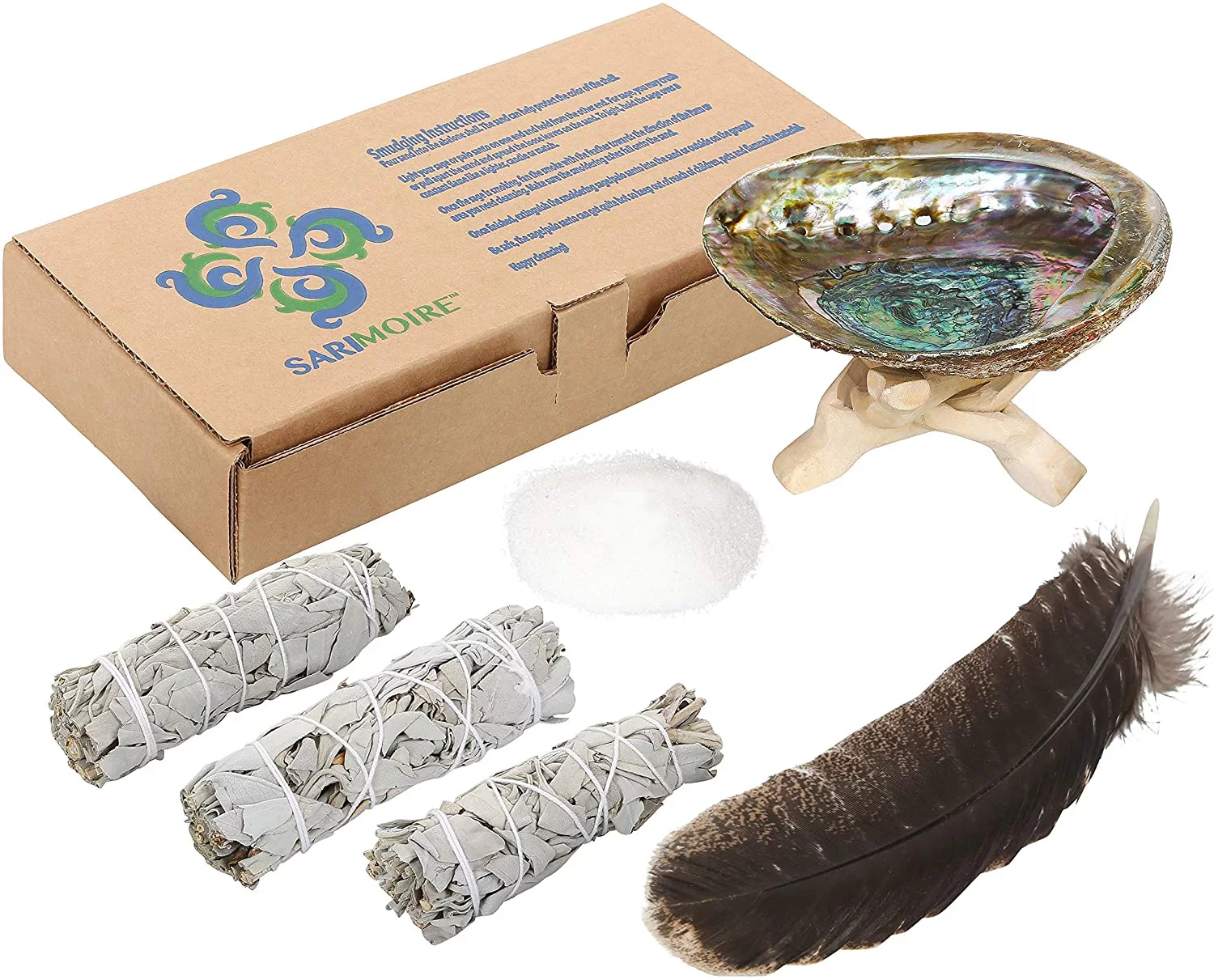 Sage Smudge Kit - White Sage Smudge Sticks - 4in ~ Abalone Shell 5-6in ~ 2in Tripod Stand ~ 9-12in Feather and White Sand