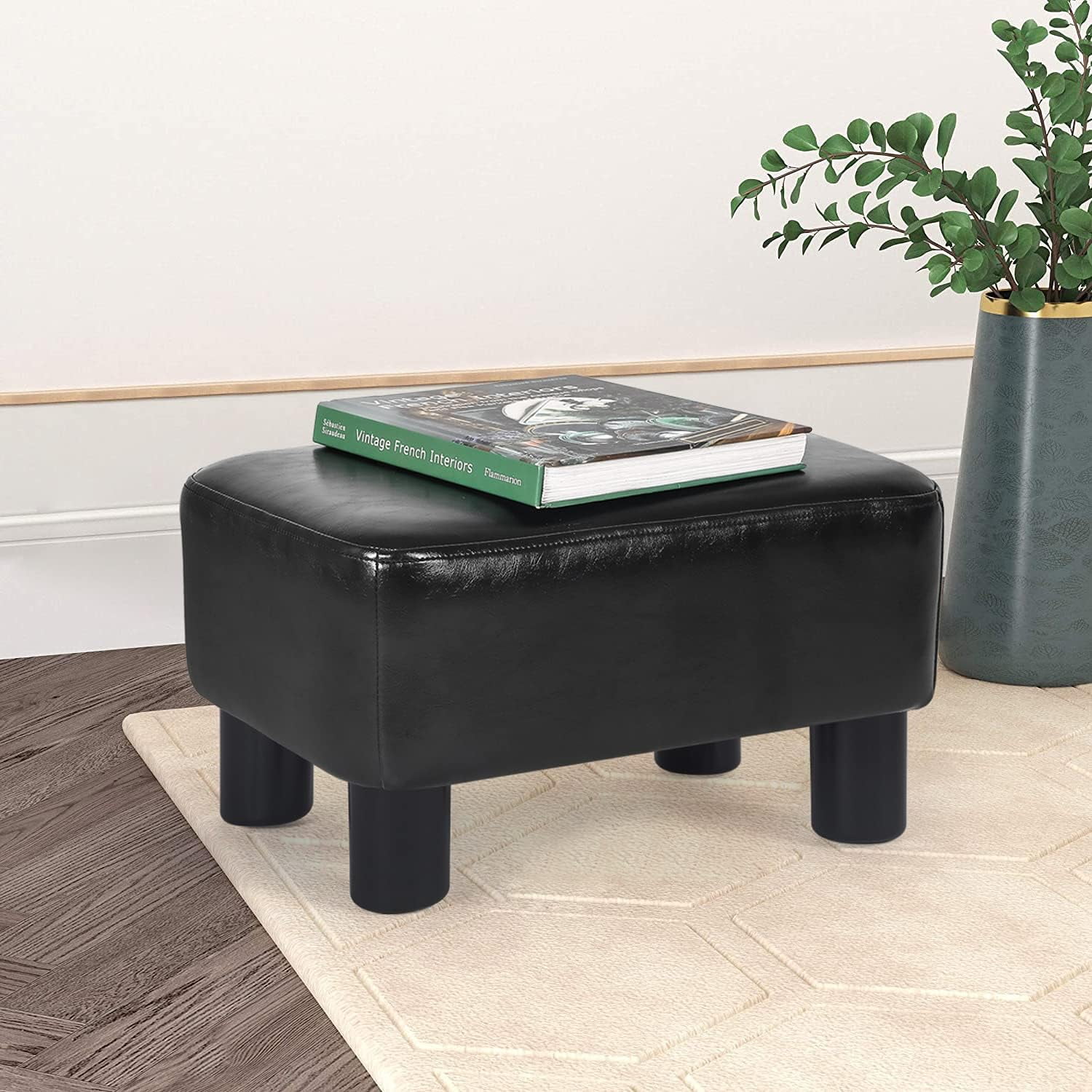 Footrest Ottoman Modern Small Rectangular Faux Leather Footstools For Living Room Bedroom Office, Black