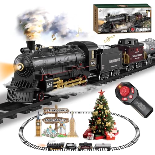 Electric Train Set Christmas Train Toys for Boys with Smokes, Lights and Sound (ON/Off) Rechargeable Train Set Under Christmas Tree, Toddler Model Trains for 3 4 5 6 7 8+ Years Old Kids Gifts