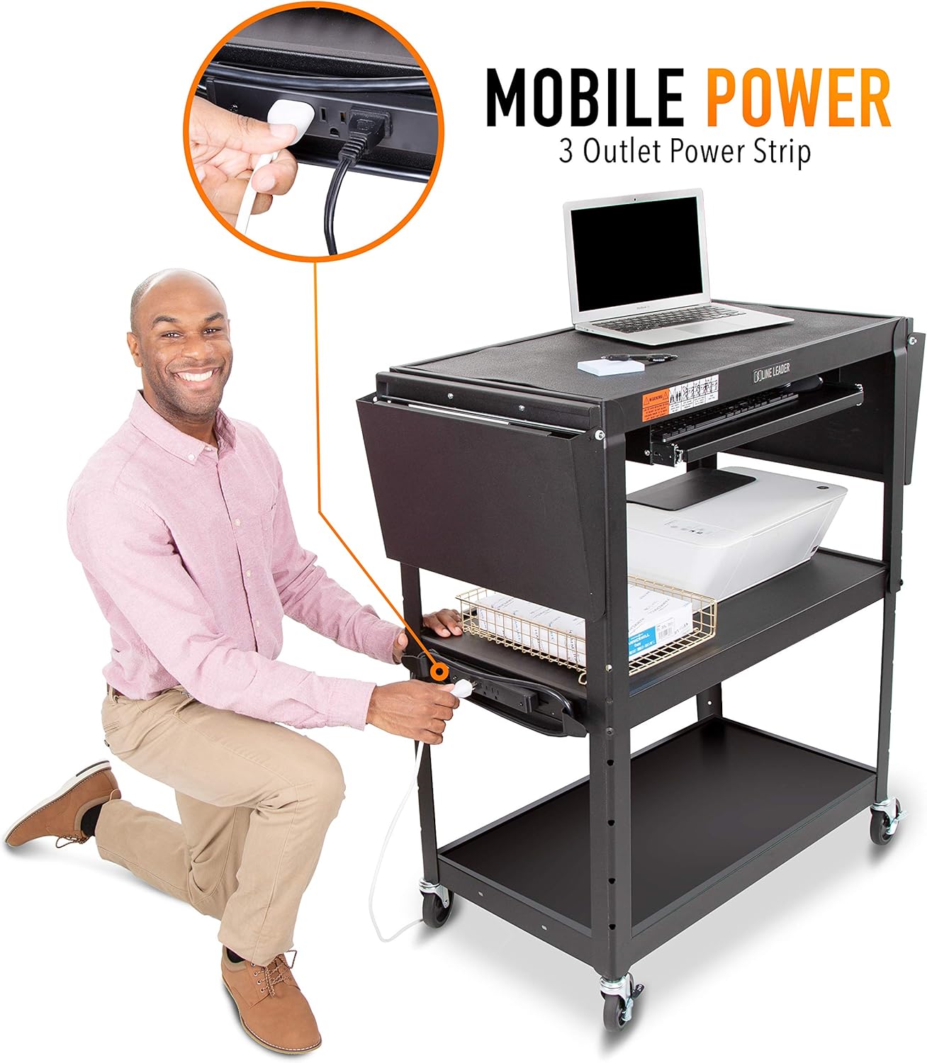 Line Leader Large AV Cart with Drop Leaves | Height Adjustable Utility Cart | Includes Pullout Keyboard Tray & Cord Management | Easy Assembly (54in x 18in x 42in / Black)