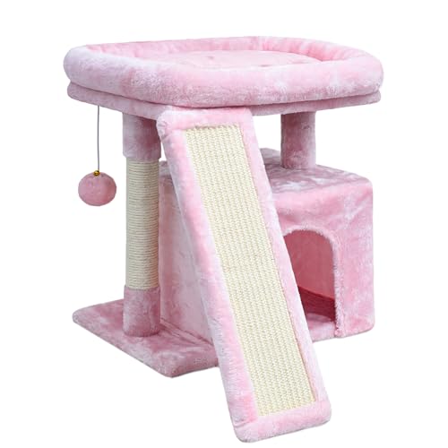 Small Cat Tree for Indoor Cats，Cat Tower with Scratching Post and Board，Cat House with Perch for Kitten, Stable Condo and Stand (Light Grey)
