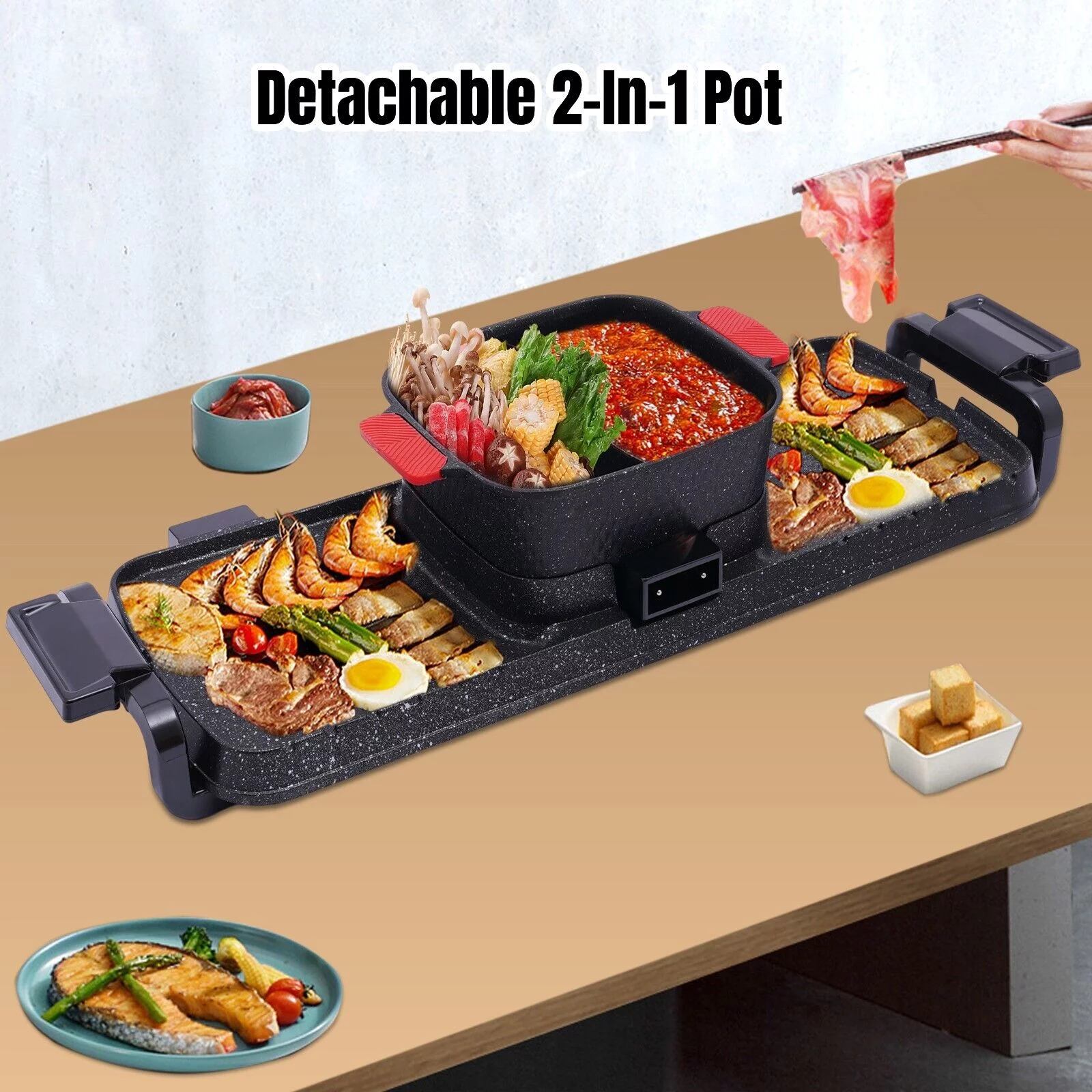 2200W 2 in 1 Electric Smokeless Grill and Hot Pot BBQ Grill Shabu Pot Kit 110V