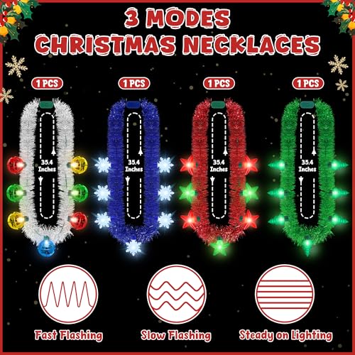 4 PCS Christmas Lights Necklace, 4 Kinds of Colors Tinsel Christmas Light up Necklace, 3 Modes Xmas Party Favors for Adults, Ugly Xmas Sweater Accessories for Family Office Holiday Parties