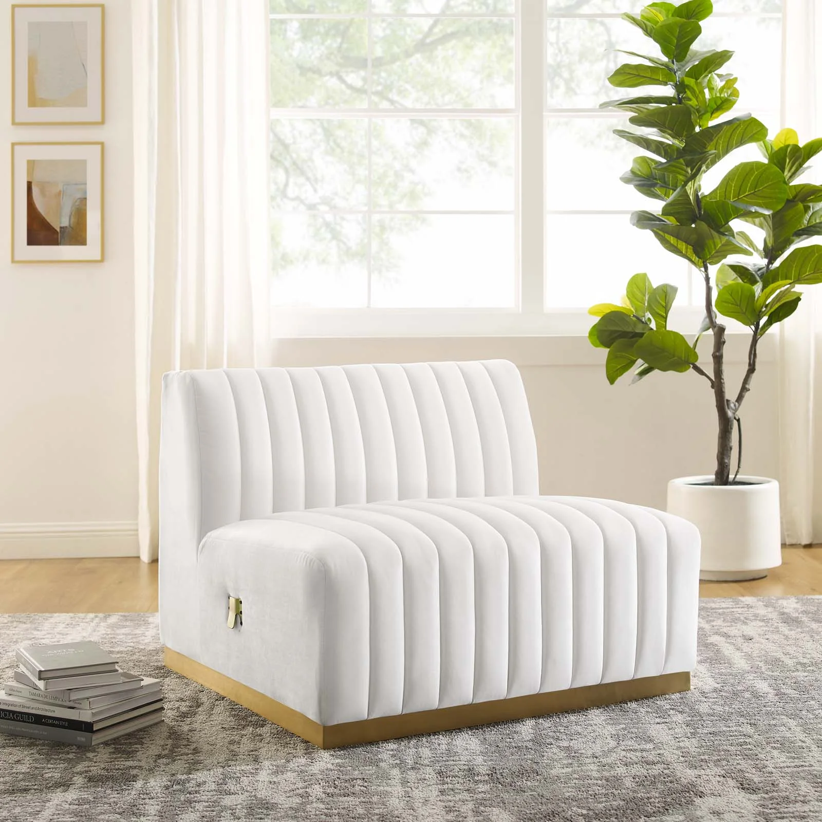 Modway Conjure Channel Tufted Performance Velvet Armless Chair in Gold White
