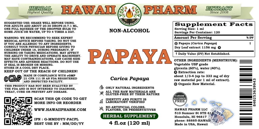 Papaya (Carica Papaya) Dry Leaf ALCOHOL-FREE Liquid Extract. Expertly Extracted by Trusted HawaiiPharm Brand. Absolutely Natural. Proudly made in USA. Glycerite 4 Fl.Oz
