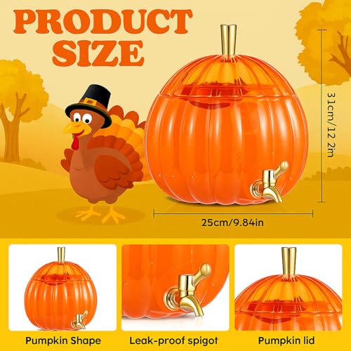 1.3 Gallon Pumpkin Plastic Drink Dispenser Thanksgiving Orange Drink Dispenser Fall Harvest Kitchen Decoration Beverage Water Container with Spigot for Fridge Halloween Autumn Party Supplies
