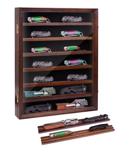 7 Layers Knife Display Case, Cherry Wood, Locking Cabinet with 6 Removable Double Shelves and 6 Single Shelves, Wall Mounted or Desk Display
