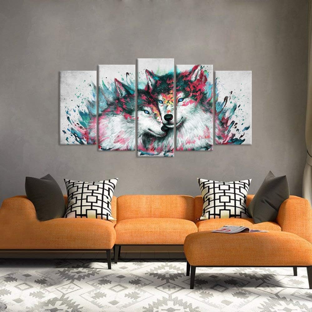 iHAPPYWALL Large 5 Pieces Wolf Canvas Wall Art Black and White Wolves Couple Abstract Animal Picture Painting on Canvas for Modern Home Living Room Decor Stretched and Framed Ready to Hang