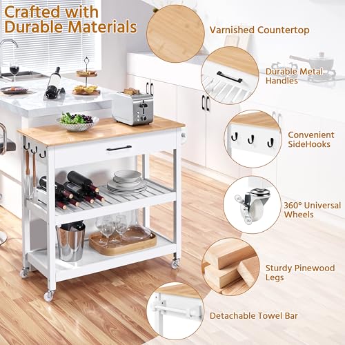 Yaheetech Kitchen Island Cart on Wheels with Bamboo Tabletop, 3-Tier Rolling Kitchen Island Microwave Cart with Drawer, Detachable Towel, 3 Hooks, 17