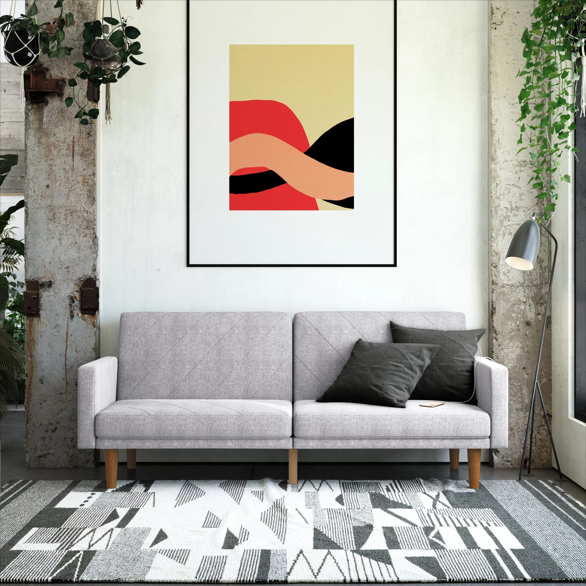 DHP Paxson Futon with USB Port, Convertible Sofa Bed, Light Gray Linen