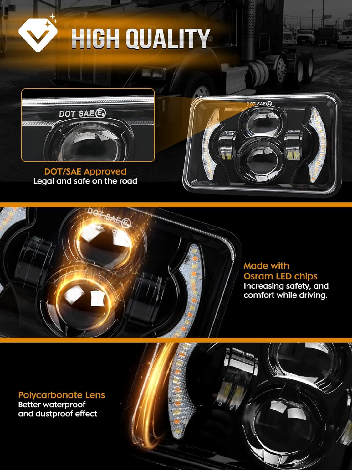 CO LIGHT 4x6 Headlights Led Sealed Beam Headlight Conversion White&Amber DRL H4651 H4652 H4656 H4666 Chrome Crystal Square Sealed beam Headlights Car Truck Conversion