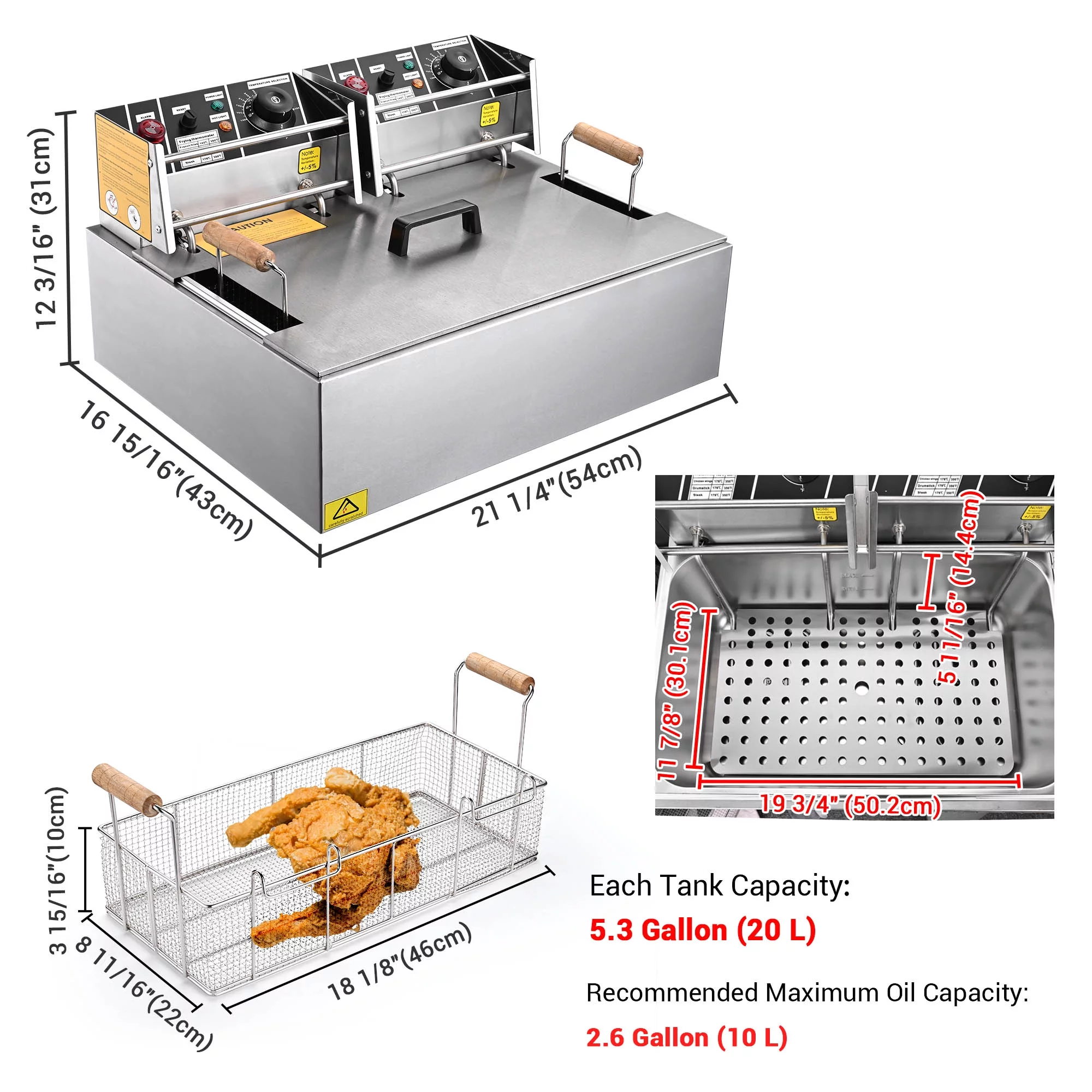 Wechef 5000W 20L Electric Deep Fryer Stainless Steel Single Large Tank Basket Lid Countertop Commercial Restaurant
