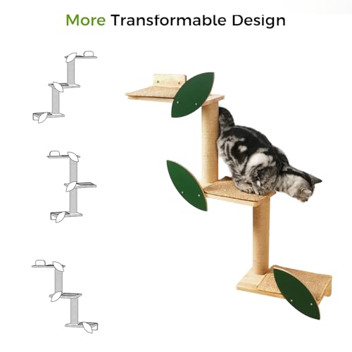 Meowoou Cat Wall Shelves with Leaves, 2 Platform Cat Wall Furniture, Cat Tree Shelves, Rubber Wood Wall Perch with Mat, Bridge for Climb, Nap, Play, Decor