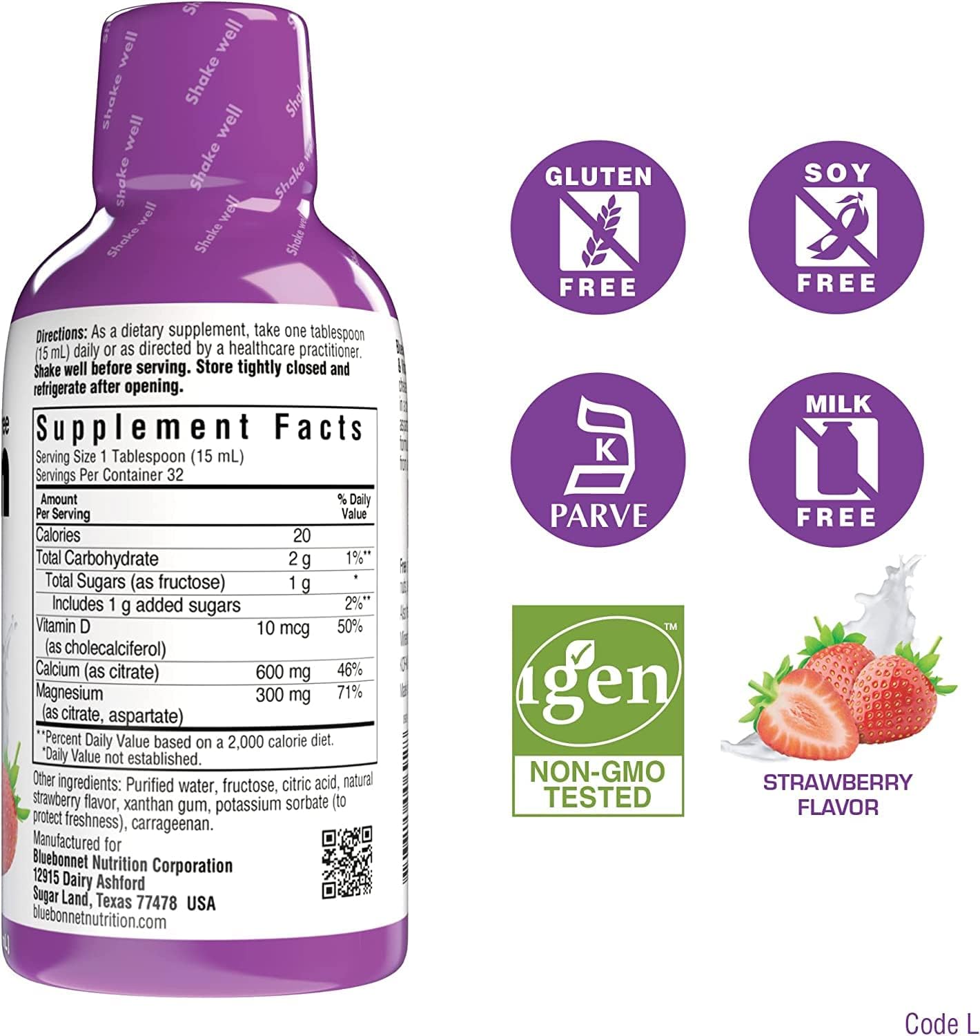 Bluebonnet Nutrition Liquid Calcium Citrate Calcium Citrate, Magnesium Citrate, Vitamin D3, Gluten Free, Soy Free, Milk Free, Kosher, 32 Servings, Strawberry Flavor, 16 Fl Oz (Pack of 2)