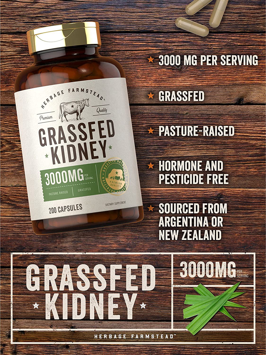 Grassfed Beef Kidney | 3000mg | 200 Capsules | by Herbage Farmstead