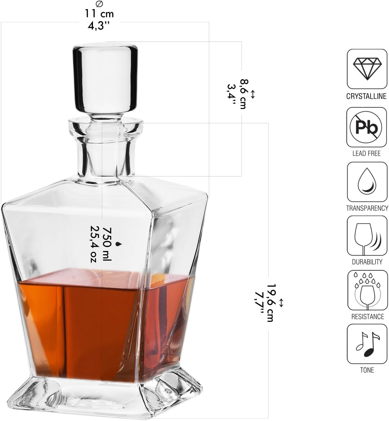 Krosno Whiskey Decanter Carafe with Stopper | 25.4 oz | Caro Collection | Home Restaurants Parties | Gift Idea Wedding Bar Mitzvah | Made in Europe