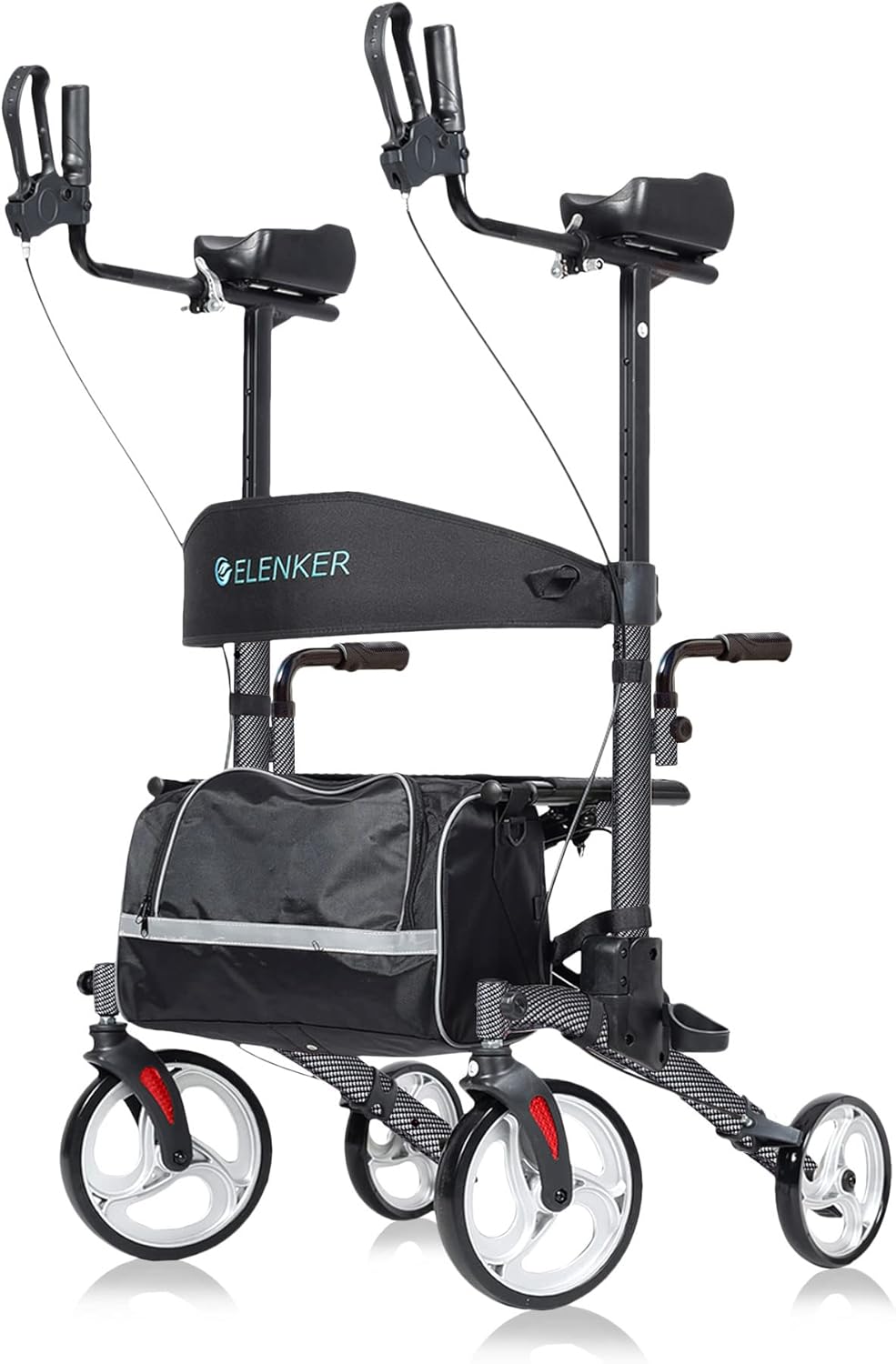 ELENKER Upright Walker, Stand Up Folding Rollator Walker with 10�� Front Wheels Backrest Seat and Padded Armrestsf (Carbon Fiber Black)