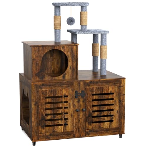 White All-in-one Cat Cabinet with Litter Box Enclosure, Scratching Post, Soft Plush Perch and Divider