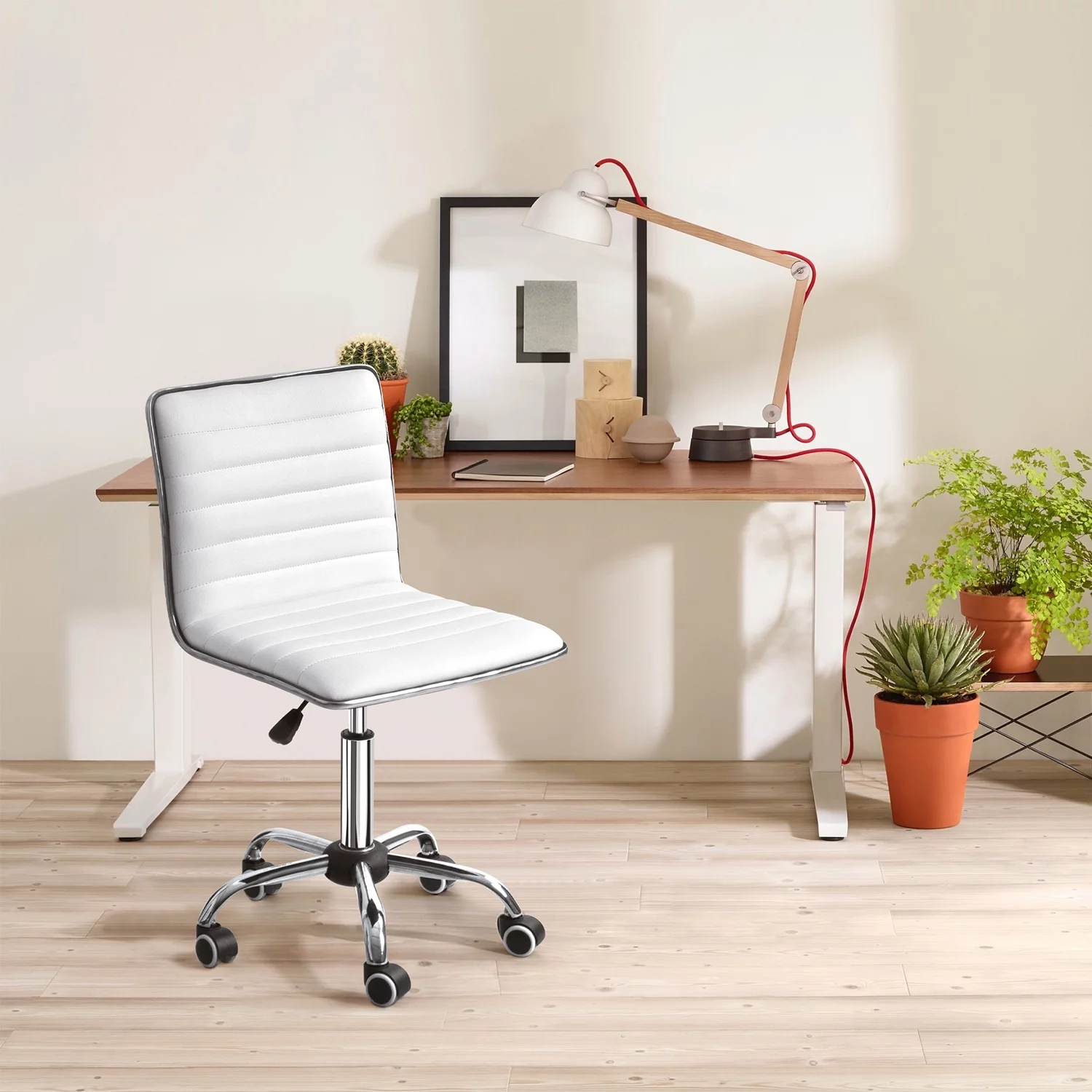 Furmax Mid Back Faux Leather Office Desk Computer Task Chair, with Armless, White