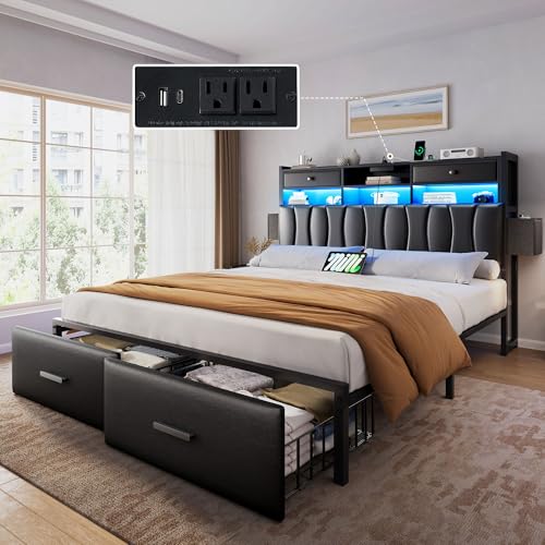 YITAHOME King Size Bed Frames with 2 Storage Drawers and Charging Station, Upholstered Platform Bed with Storage Headboard and LED Light, Heavy Duty Metal, No Box Spring Needed, Noise Free, Black