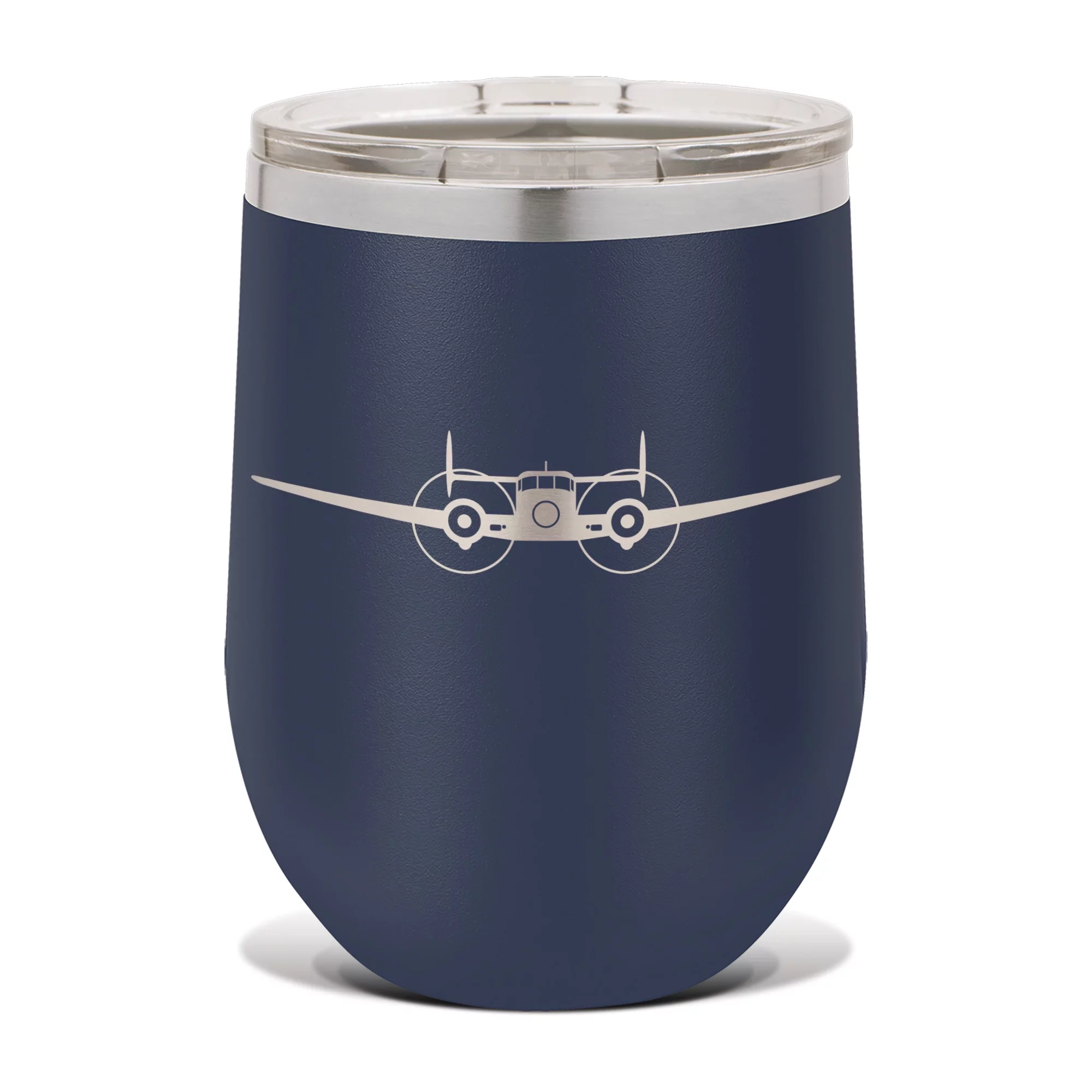 Model 18 Wine Tumbler 12 oz - Laser Engraved - Stainless Steel - Vacuum Insulated - Double Walled - Wine Glass - Stemless - Drinkware Clear Lid - tailwheel light aircraft twin beech model18 - Navy