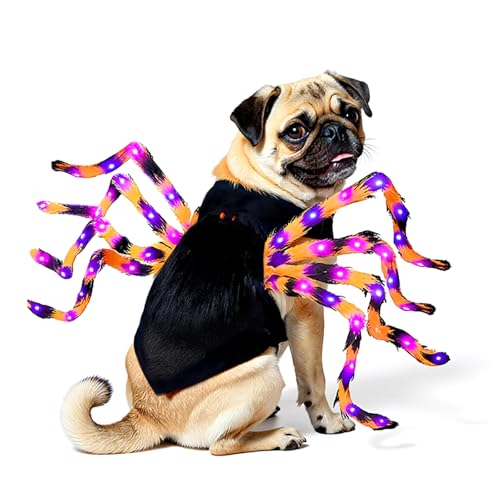 64 LED Spider Dog Halloween Costume for Large & XL Dogs, Furry Giant Spider Pet Costume with Multicolor Lights, Funny Halloween Party Outfit, Glowing Cosplay with Adjustable Straps（​L）
