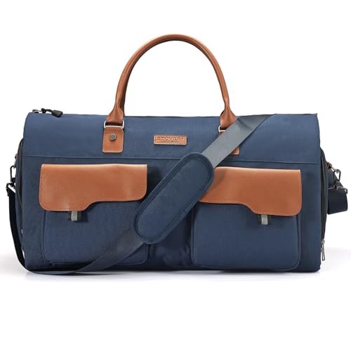 STOVER Convertible Garment Bag, Leatheret Carry on Travel Duffel Bag with Shoe Compartment for Men Women - 2 in 1 Hanging Suit Bag (Brown)