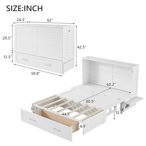 Ball & Cast Queen Size Murphy Bed Wall Chest with Closet and Storage Drawers,Wood Hideaway Platform Bedframe can be Folded,Easy Assembly,for Kids Bedroom,Student Dorms,White
