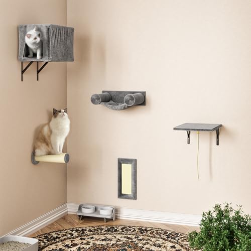 NUNU LAB 5-in-1 Wall-Mounted Cat Climber Set, Cats Wall Shelve, Wall-Mounted Cat Climbing Shelves, with House, Bridge, Steps, Scratcher, Hammock, Shelves (A-KM060)