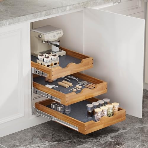 OCG 2 Tier Pull Out Drawers For Cabinets, Double Tier Slide out Wood Cabinet Organizer, Pull Out Shelves for Base Cabinet Organization in Kitchen, Pantry, Bathroom