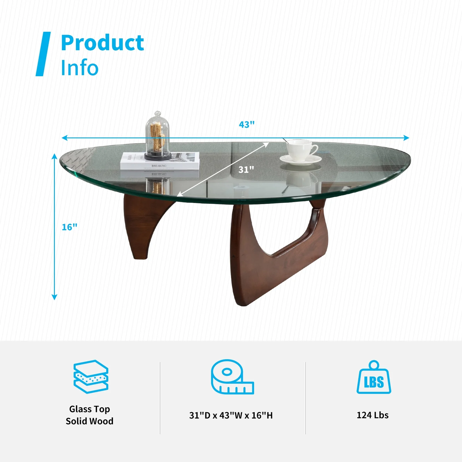 Mjkone Noguchi Triangle Glass Coffee Table ,Tempered Glass Coffee Table with Solid Dark Walnut Base，Coffee Table with Tempered Glass Top  for Living Room  (19mm Glass Top)