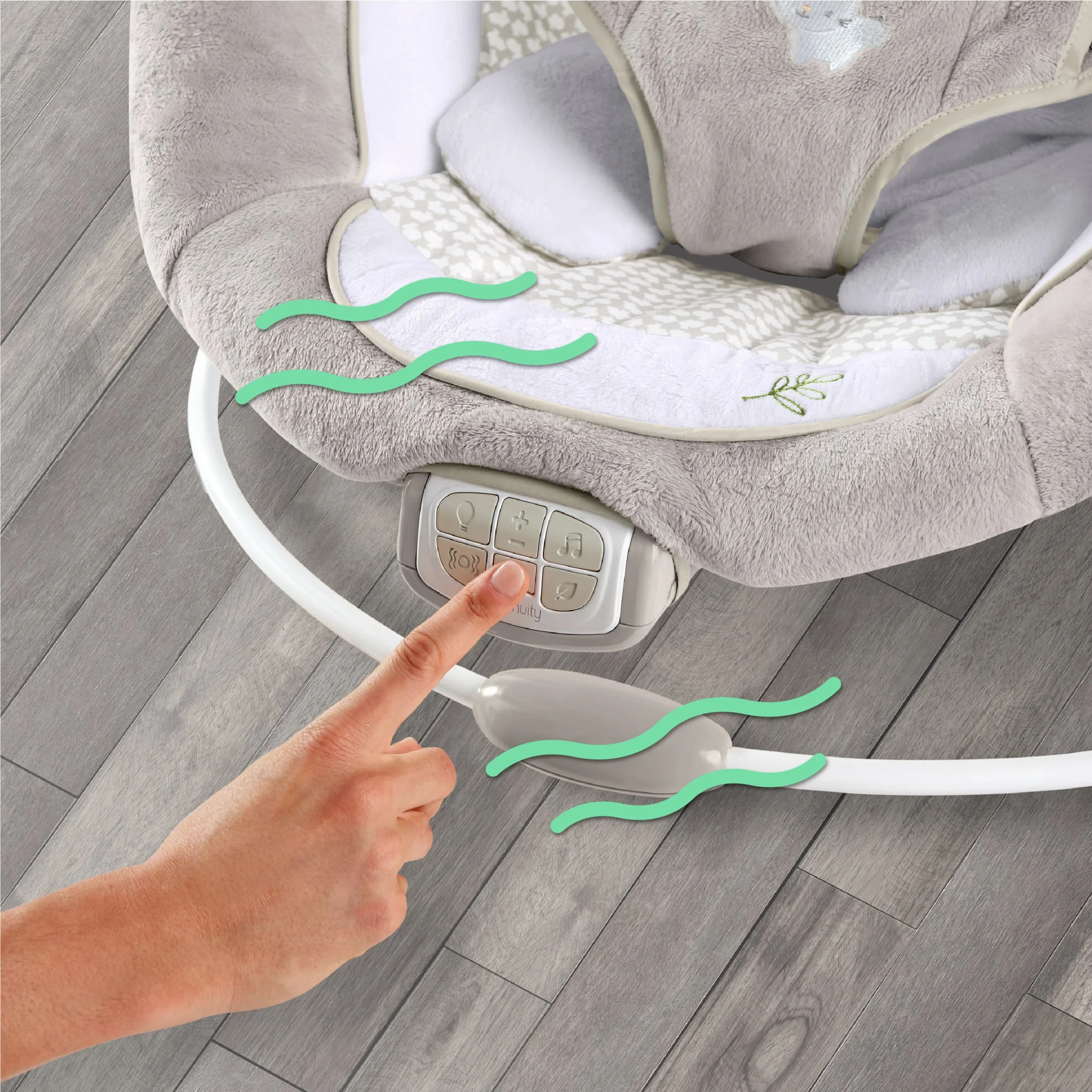 InLighten by Ingenuity Twinkle Tails Vibrating Infant Baby Bouncer with Lightning Toy Bar and Pillow
