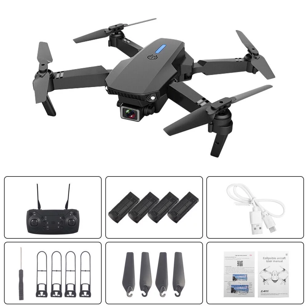 Jahy2Tech E88 Pro RC Drone with 4K HD Dual Camera - WiFi FPV Quadcopter - 4 Batteries Included - Long Flight Time & Multi-Functional