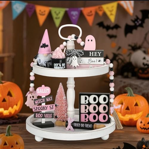 Bundle of 8 PCS Halloween Decorations and Wooden Two Tiered Tray Stand