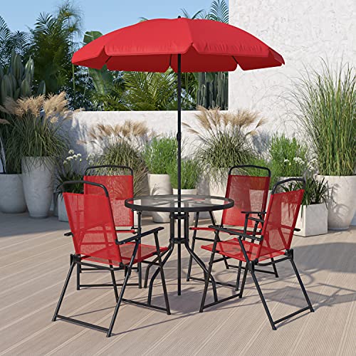 Flash Furniture Nantucket 6-Piece Patio Dining Set with Glass Table, 4 Folding Chairs, and Umbrella, Outdoor Patio Table, Chairs, Umbrella Set, Navy