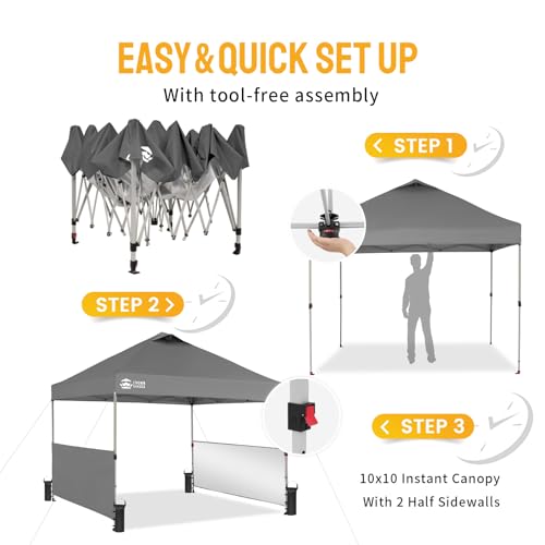CROWN SHADES 10x10 Pop up Canopy Tent Instant Canopy with 150D Silver Coated Fabric Including 2 Half Sidewalls, 4 Ropes, 8 Stakes, 4 Weight Bags, STO 'N Go Bag, Grid Grey