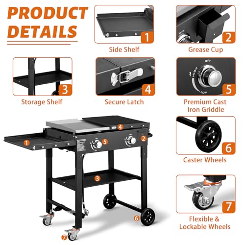 Outvita 2 Burner Portable Flat Top Gas Grill, 28