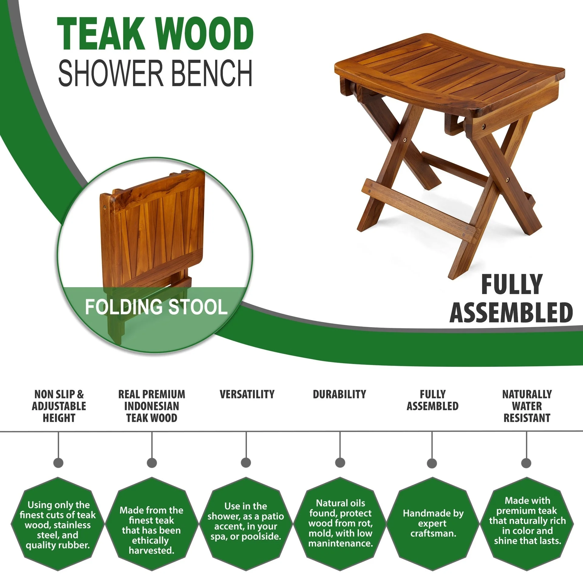 TeakCraft Teak Folding Shower Stool, Shower Bench, 18 Inch