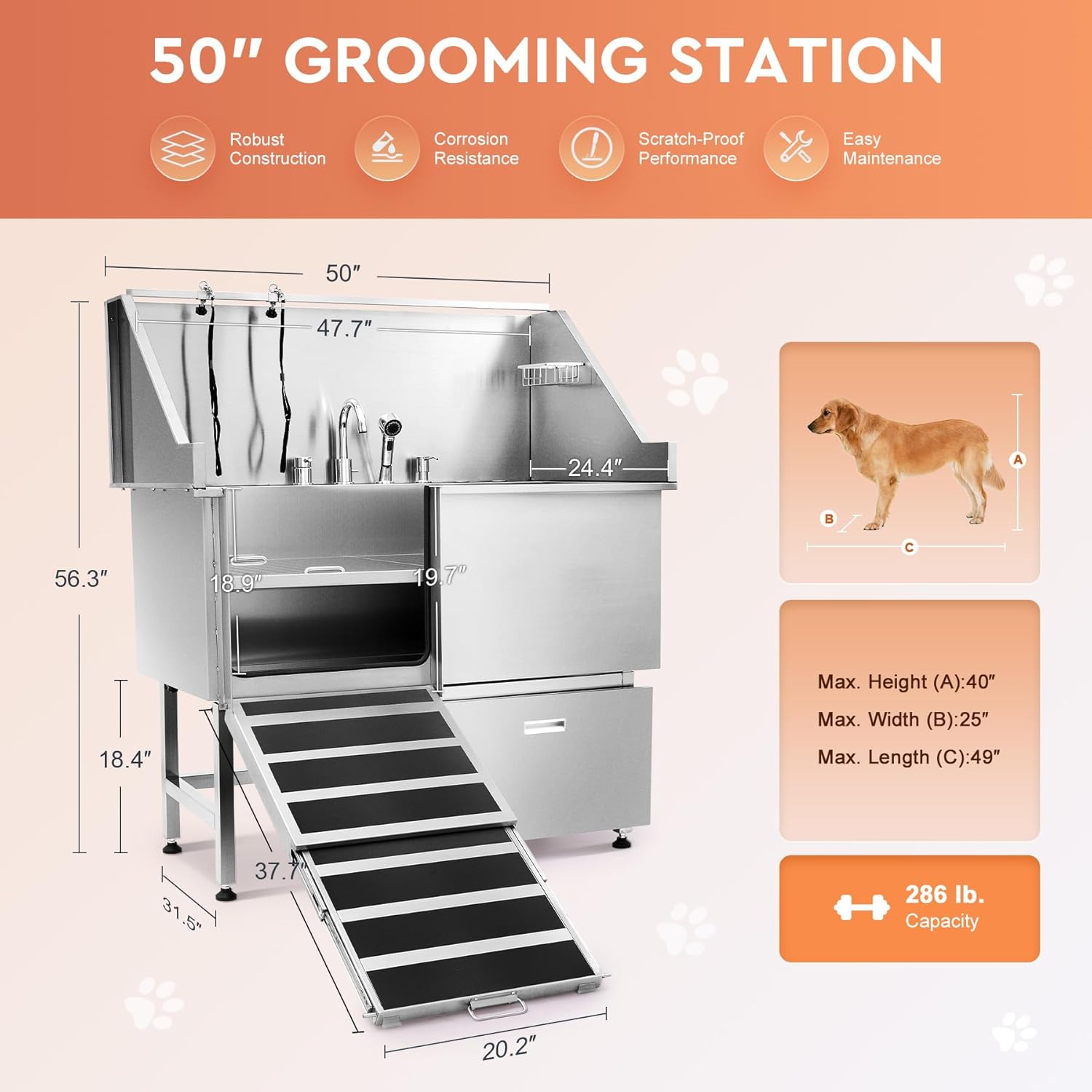 CO-Z Professional Dog Bathing Station, 50 in. Dog Grooming Tub with Nonskid Retractable Ramp for Large Dogs, Stainless Steel Dog Washing Station with Swivel Faucet Pull Out Showerhead Storage Drawer