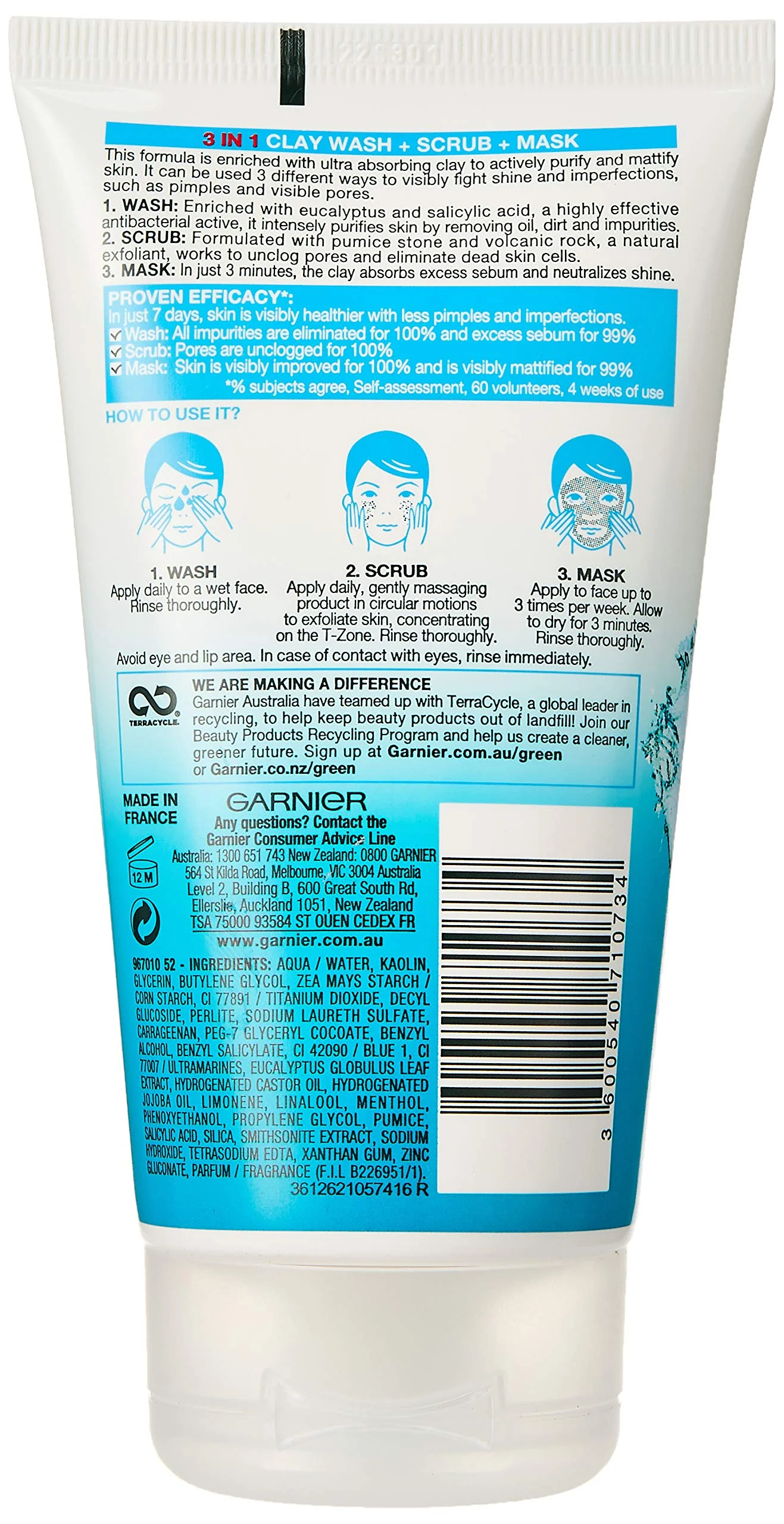 Garnier Skin Naturals Pure 3In1 Wash+Scrub+Mask : 150Ml.