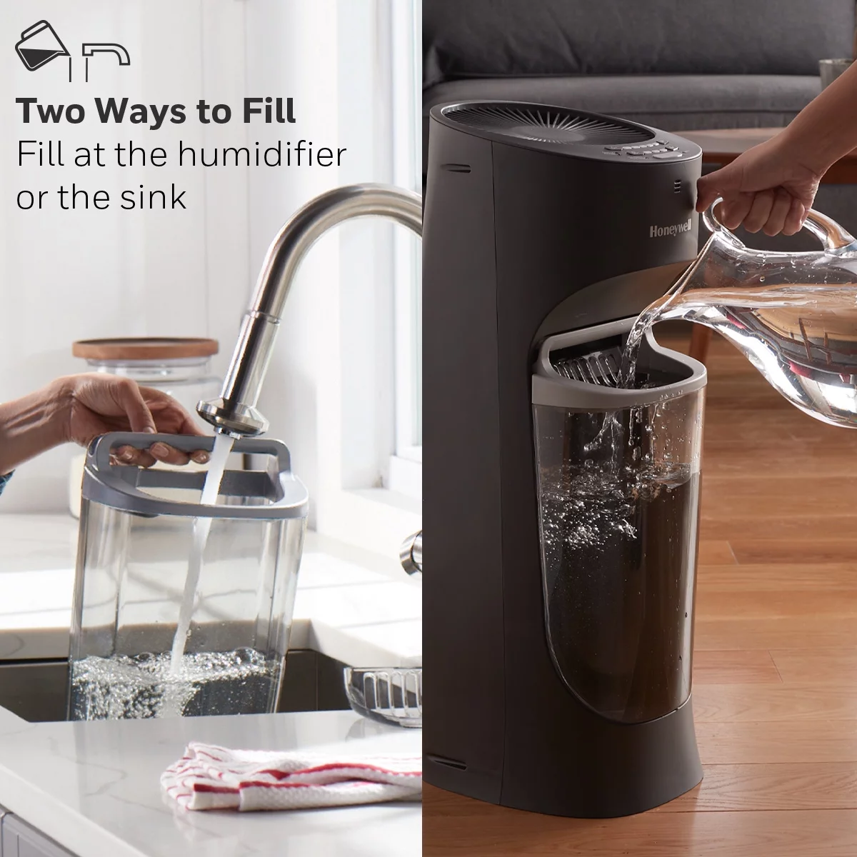 Honeywell 1.7 gal 500 sq ft Top Fill Cool Moisture Tower Humidifier with Humidistat Black, HEV615B