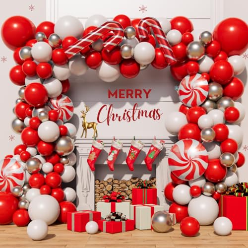 Christmas Balloon Arch Garland Kit 160pcs Red Green Gold Balloons With Candy Cane Swirl Foil Balloons Xmas Merry Christmas Friendsmas Santa Claus Ugly Sweater Party Decoration (Green)