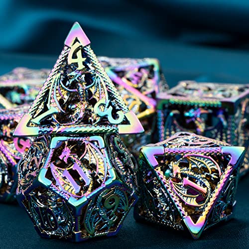 ARUOHHA Hollow DND Metal Dice Set with Gift Box, Dungeons and Dragons D&D Dice 7 PCS Silver Polyhedral Dice Sets RPG Role Playing Games Custom D and D Dice Set D20 D12 D10 D8 D6 D4